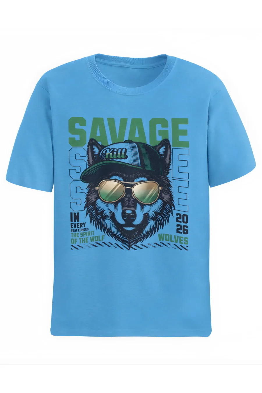 Savage Wolf Oversized T-Shirt for Men | 100% Cotton 220 GSM | Urban Street Style Graphic Tee | Sky Blue